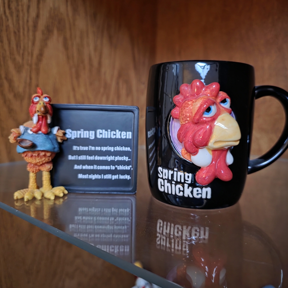 Russ Spring Chicken Black Mug with Red and White Details